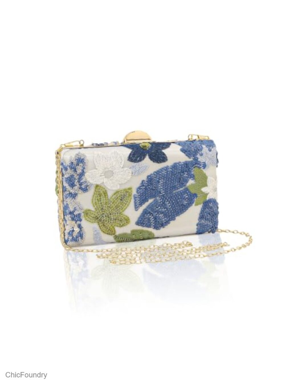 Beaded Embroidered Sequin Evening Clutch with Chain, Floral Formal Purse
